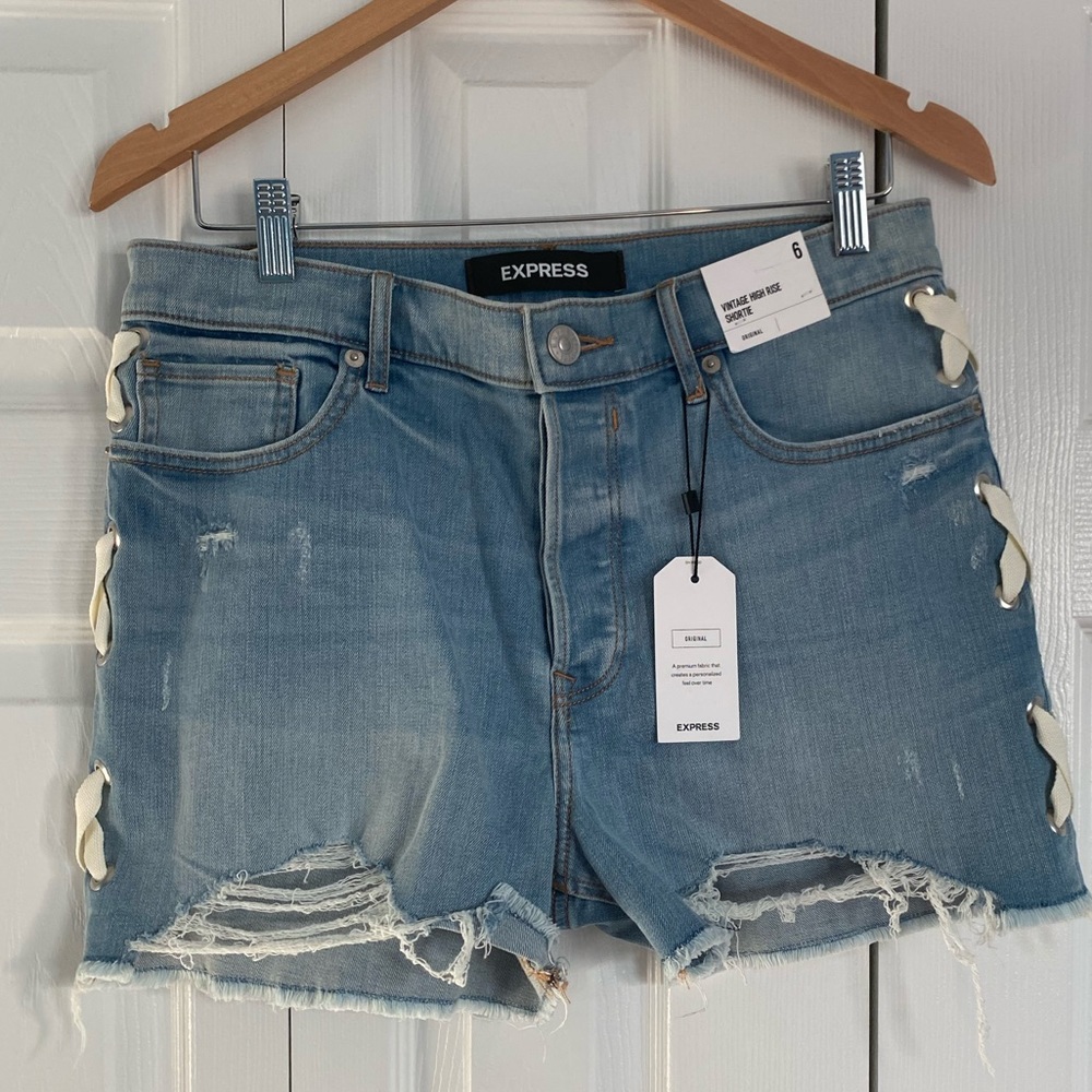 Jean short Cute side laced-up shorts/ destructed